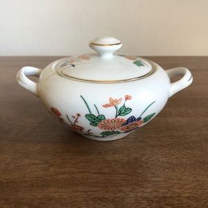 Stone China Made In Japan Sugar Bowl Orange Flower Blossoms Floral Gold Rim